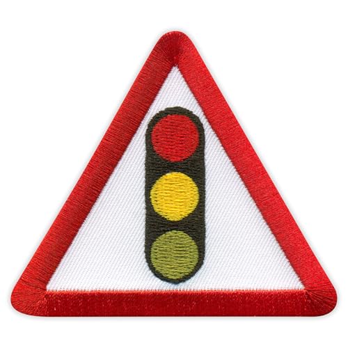 Verkehrszeichen voraus, britisches Straßenschild, VeIcro, Klettverschluss, bestickt, Emblem, Weiß von Patchion