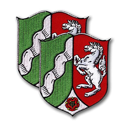 Wappen Nordrhein-Westfalen – Deutschland – 2er-Set – Schildform – bestickter Aufnäher/Abzeichen/Emblem – 6,7 x 8,0 cm – schwarze VeIcro-Rückseite – Klettverschluss von Patchion