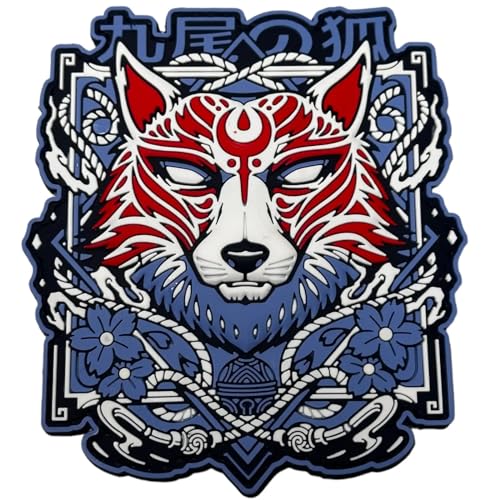 Traditional Japanese Kitsune Fox Mask Morale Patch Mystical White Glowing with Floral and Celtic Motif and Hook backing von Patchlab