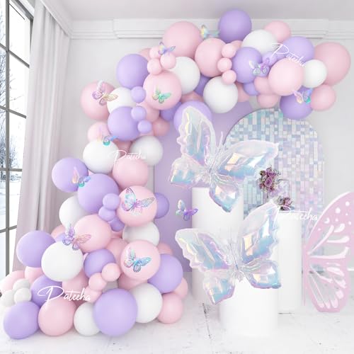 Pateeha Schmetterling Ballonbogen Kit 3.6M Fee Schmetterling Geburtstag Dekorationen Lavendel Rosa und Lila Ballonbogen Kit Folie Schmetterling Luftballons 3D Laser Aufkleber für Babyparty von Pateeha