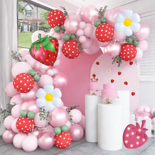 Pateeha Strawberry Balloon Arch Kit 3.6 m, Berry First Birthday Decor, Foil Daisy Balloons Strawberry Balloons Garland Kit for Strawberry Baby Shower Decorations von Pateeha