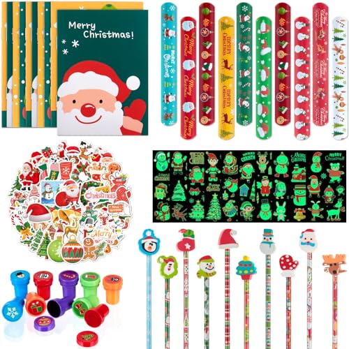 100 Stück Adventskalender Weihnachtsstrumpf Mitgebsel Füller Notizblöcke Bleistift mit Radiergummi Tattoos Sticker Weihnachten Aufkleber Schnapparmband Stempel für Kinder Party Gastgeschenk von Patelai