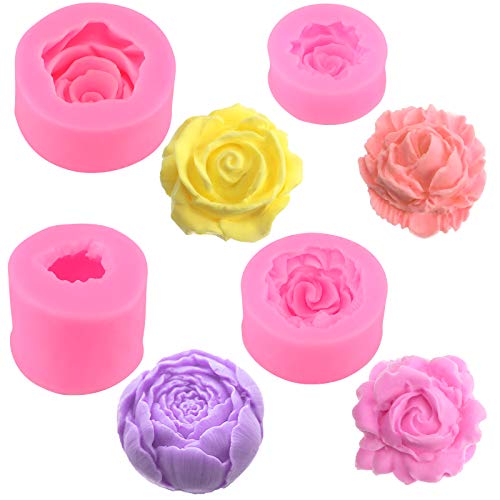 4 Stücke 3D Blume Silikon Seifen Form 3D Rose Blume Fondant Form Blume Blühen Rose Form Silikon Form Harz Rose Kerzen Form für Kuchen Dekoration Schokolade Handgemachte Süßigkeit Herstellung von Patelai