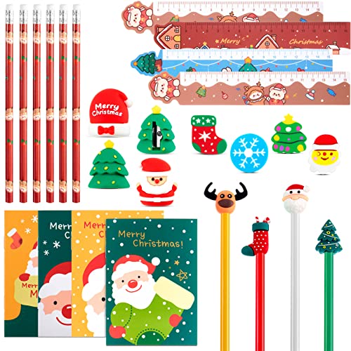 Patelai 26 Stück Weihnachten Schreibwaren Set inklusive 4 Mini Notizbücher 4 Gelschreiber 6 Bleistifte 4 Radiergummis 4 Bleistift Anspitzer 4 Lineale für Kinder Weihnachten Mitgebsel von Patelai