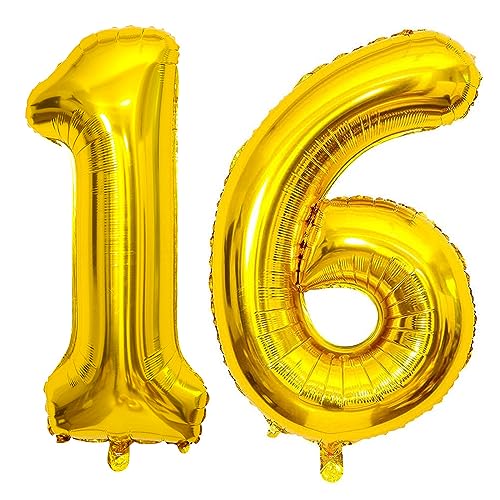 PatiCool Zahlen Luftballon 16 Gold, 40 Zoll Luftballons Geburtstag, Folienballon 16 Gold Geburtstagsdeko, Helium Ballons Zahlen 16 für Kinder, Junge, Mädchen von PatiCool