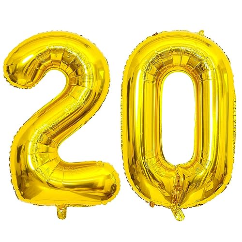 PatiCool Zahlen Luftballon 20 Gold, 40 Zoll Luftballons Geburtstag, Folienballon 20 Gold Geburtstagsdeko, Helium Ballons Zahlen 20 für Kinder, Junge, Mädchen von PatiCool