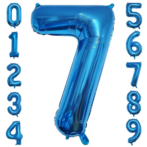 PatiCool Zahlen Luftballon 7 Blau, 40 Zoll Luftballons Geburtstag, Folienballon 7 Blau Geburtstagsdeko, Helium Ballons Zahlen 7 für Frau Mann Jahrestag Deko Geburtstags von PatiCool