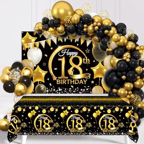 18 Geburtstag Deko Junge Mädchen, Schwarzes Gold Luftballons Bogen Kit mit 18. Happy Birthday Banner und Tischdecke für 18. Geburtstag, Schwarzes Gold Party Dekorationen für 18. Geburtstag von Patimate