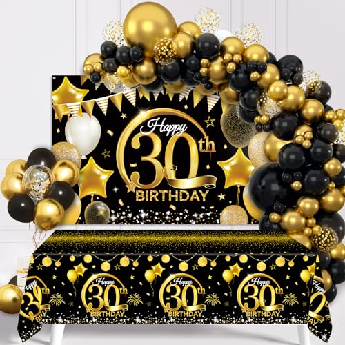 30 Geburtstag Deko Männer Frauen, Schwarzes Gold Luftballons Bogen Kit mit 30. Happy Birthday Banner und Tischdecke für 30. Geburtstag, Schwarzes Gold Party Dekorationen für 30. Geburtstag von Patimate