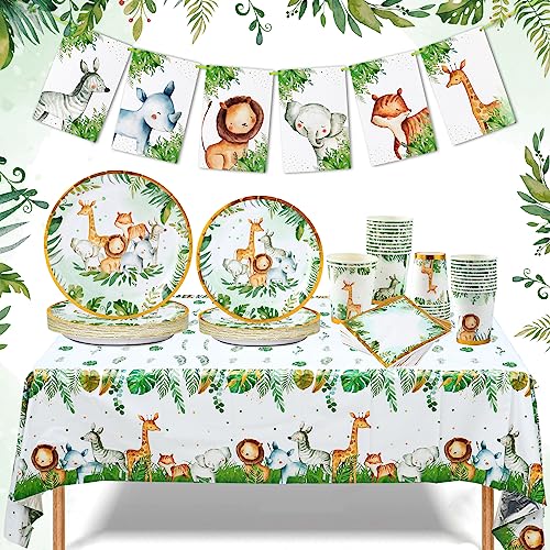 Dschungel Safari Pappteller Becher Servietten mit Banner und Tischdecke Wildlife Muster Party Geschirr Set für Geburtstag Baby Shower Dschungel Wild Geburtstag Party Dschungel Safari Party von Patimate