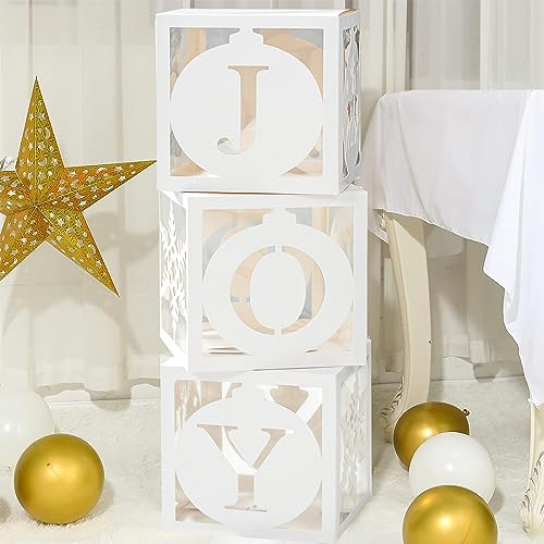 JOY Hohle Weinachten Boxen, 3 Weiße Transparente Boxen mit Buchstaben JOY und Weihnachtlichem Schneeflocken, Frohe Weihnachten Luftballon Boxen für Dekoration Weihnachten, Zuhause, Urlaubs Party von Patimate