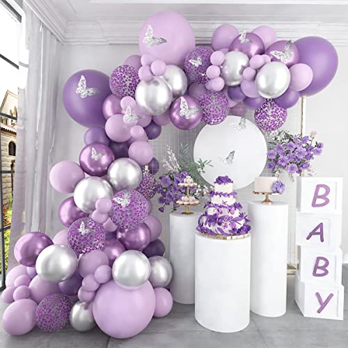 Lila Luftballons Girlande, 118 Stück lila Silber Ballon Girlande Kit, Metallic Lila Konfetti Ballons mit Schmetterling Aufklebern, lila Luftballons für Geburtstag Party Dekoration Baby Shower Hochzeit von Patimate