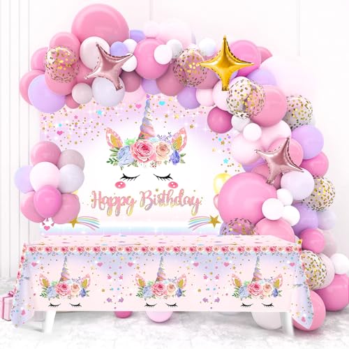 Rosa Lila Luftballon Girlande, 106pcs Einhorn Deko Kindergeburtstag mit Pastell Rosa Lila Weiß Ballon Gold Stern Ballon Einhorn Hintergrund Tischdecke, Einhorn Geburtstagsdeko für Mädchen Prinzessin von Patimate