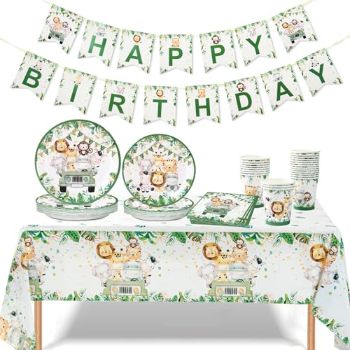 Patimate Teller Dschungel Deko Geburtstag Party Animals Geschirrset, 98pcs Safari Babyparty Junge mit Pappteller Servietten Tasse Tischdecke Banner, Grün Waldtiere Pappteller Kindergeburtstag 24 Gäste von Patimate