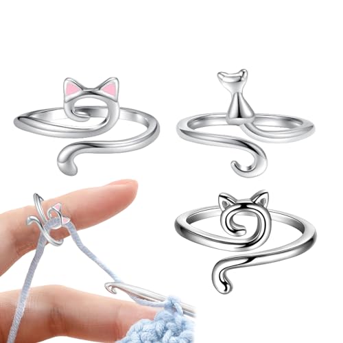 3 Stück Häkelring, Verstellbarer Strickring Finger Katzenförm Crochet Ring, Stricken Zubehör Garn Hilfe Geschenk Für Damen Strickerinnen Und Häkelerinnen von Patonde