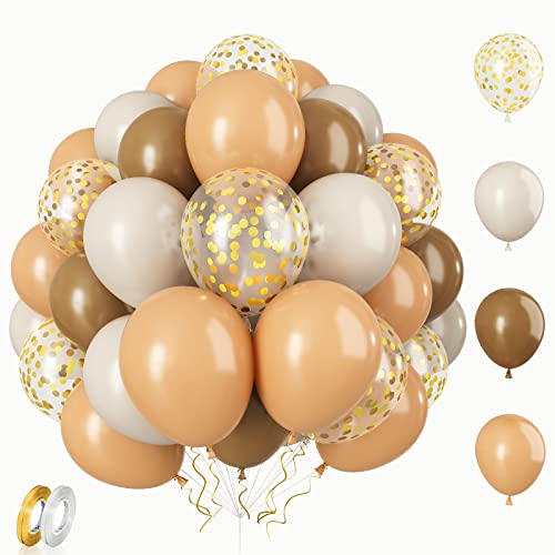 Luftballons Kaffee Braun, 12 Zoll 60 Stück Luftballons Matt Sandweiß Beige Party Ballons Gold Helium Konfetti ballons mit Bändern für Safari Dschungel Geburtstag Boho Party Hochzeit Babyparty Deko von Patoom