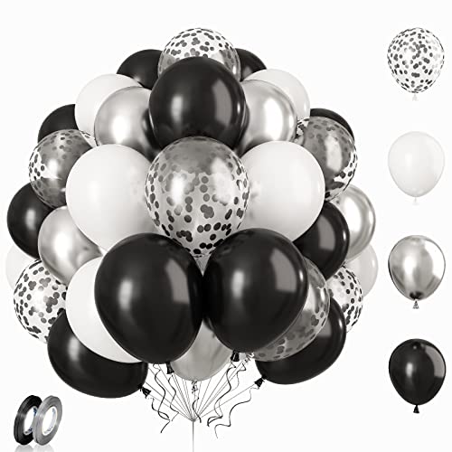 Luftballons Schwarz Silber, 12 Zoll 60 Stück Luftballons Metallic Silber und Matt Weiß Party Ballons Schwarz Konfetti Helium Ballons mit Bändern für Geburtstag Babyparty Hochzeit Graduierung Deko von Patoom