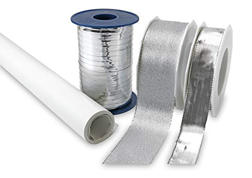 C.E. PATTBERG Geschenk-Set, 4-teilig, 1x Dekoband silber Breite 25 mm x Länge 20 m, 1x Ringelband glänzend silber Breite 5 mm x Länge 400 m, 1x Geschenkband silber Breite 40 mm x Länge 20 m, 1x Kraftpapier weiss Breite 500 mm x Länge 5 m, zum Basteln, Dekorieren & Verpacken von Geschenken, zu jedem Anlass von C.E. Pattberg