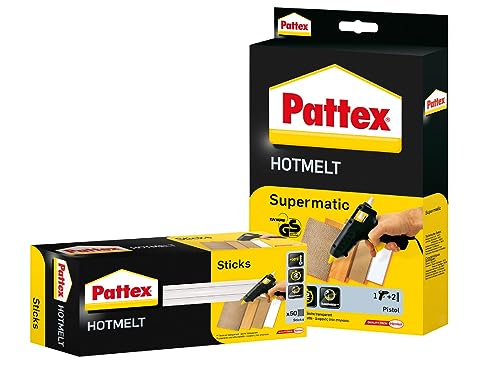 Pattex Hotmelt Supermatic Heißklebepistole, Set 2 Klebesticks & Pattex Hotmelt Sticks zum Nachfüllen, Klebesticks, Transparent, zum Basteln, 1x 50 Sticks von Pattex