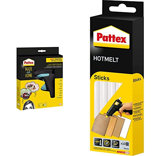 Pattex Made at Home Heißklebepistole, Set aus 1x Klebepistole und 6x Heißklebesticks & Hotmelt 827353 Sticks, Klebesticks, Heißkleber Sticks zum Basteln, 1x10 Sticks, Transparent, 200 g, PTK6 von Pattex