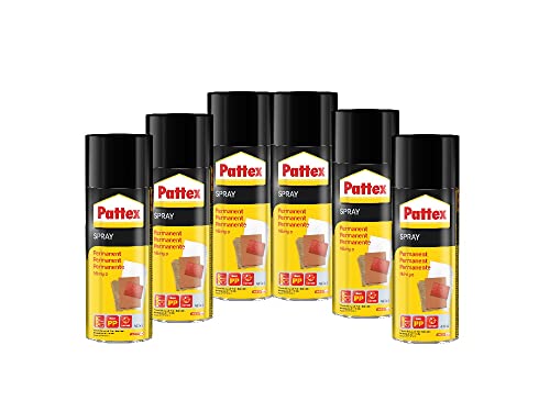 Pattex Sprühkleber Power Spray Permanent, lösemittelhaltiger Sprühklebstoff für schnelle und dauerhafte Verklebungen, farblos, 6x 400ml Dose von Pattex