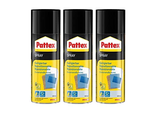 Pattex Sprühkleber Power Spray korrigierbar, lösemittelhaltiger Sprühklebstoff für schnelle und dauerhafte Verklebungen, farblos, 3x 400ml Dose von Pattex