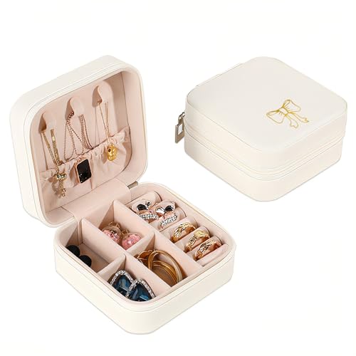 Schmuckkästchen Klein, Schmuckkästchen für Damen, Schmuckschatulle Reise, Tragbarer Reise Schmuckbox, Detachable Handle, Mini Schmuckaufbewahrung für Ohrringe, Ringe, Weihnachten, Quadrat, Schleife von Patzwei