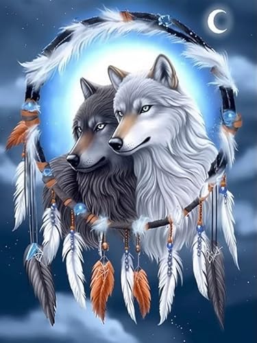 Pavemlo Diamond Painting Set Zubehör Tier Wolf, 5D Diamant Stickerei Malerei Kits Traumfänger, Full Drill Kristall Set Strass Stickerei Bilder DIY Diamant Malerei für House Wall Dekoration 30X40 cm von Pavemlo