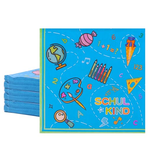 Paxrmuky 40 PCS Einschulung Servietten, Partygeschirr Deko Motiv Schultüte Zuckertüte Schuleinführung für Mädchen Junge von Paxrmuky