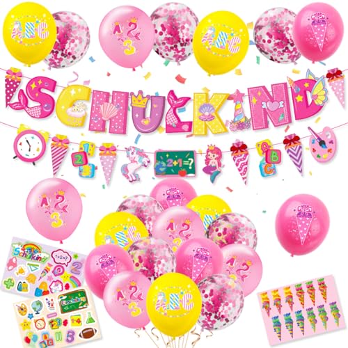 Paxrmuky 49PCS Einschulung Deko Mädchen 2024, SCHULKIND Girlande+Einhorn-Theme Zuckertüten+22 Luftballon + 3 Aufkleber+2 Ballonband Schulanfang Schuleinführung Deko mit ABC,123 Motiv für Mädchen Rosa von Paxrmuky