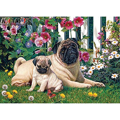 5D DIY Diamant Painting Kit Vollbohrer Erwachsene Kinder Neu Stickerei Handwerk for Home Wand decor Netter Mops Hund im Garten 40x50cm W2233 von PeBoo