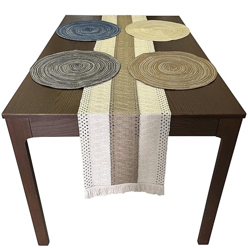 Tischdecke aus Baumwolle,Tabletop Laufsteg mit Quasten, 30x180 cm, Beige Rustikal, mit 4 Runden Tischsets mit Einem Durchmesser von 36 cm, Geeignet für Abendessen, Partys, Küchen, Hochzeiten von PeaceMarsing