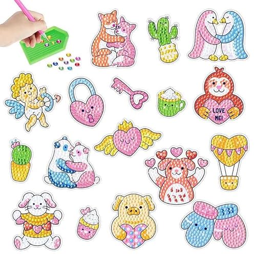 PearlGirl 5D DIY Diamond Painting Stickers for Kids Gem Arts Crafts Sticker Kits, Party Love Angel Cupid Heart Penguin Fox Panda Couple Diamond Dots for Girls Boys von PearlGirl