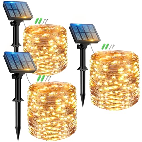 Peasur 3 Stücke Solar Lichterkette Aussen, 3x12M 120 LED Solarlichterkette Außen Wetterfest, 8 Modi IP65 Wasserdicht Kupferdraht Lichterkette Outdoor für Balkon Garten Party Hochzeit Deko, Warmweiß von Peasur