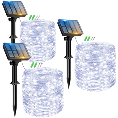 3 Stücke Solar Lichterkette Aussen, Peasur 3x12M 120 LED Solarlichterkette Außen Wetterfest, 8 Modi IP65 Wasserdicht Kupferdraht Lichterkette Outdoor für Balkon Garten Party Hochzeit Deko, Kaltes Weiß von Peasur