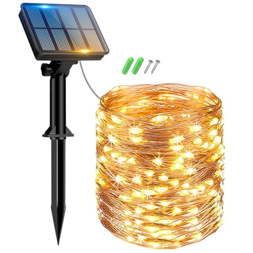 Peasur 1 Stück Solar Lichterkette Aussen, 12M 120 LED Solarlichterkette Außen Wetterfest KupferDraht 8 Modi IP65 Wasserdicht lichterkette Außen Solar für Balkon Garten Deko, Warmweiß von Peasur