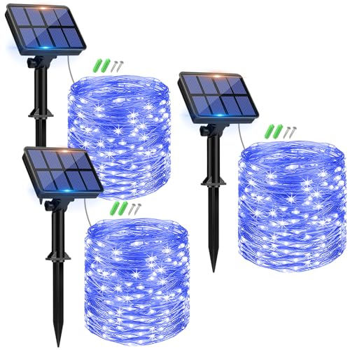 Peasur 3 Stücke Solar Lichterkette Aussen, 3x12M 120 LED Solarlichterkette Außen Wetterfest, 8 Modi IP65 Wasserdicht Kupferdraht Lichterkette Outdoor für Balkon Garten Party Hochzeit Deko, Blau von Peasur