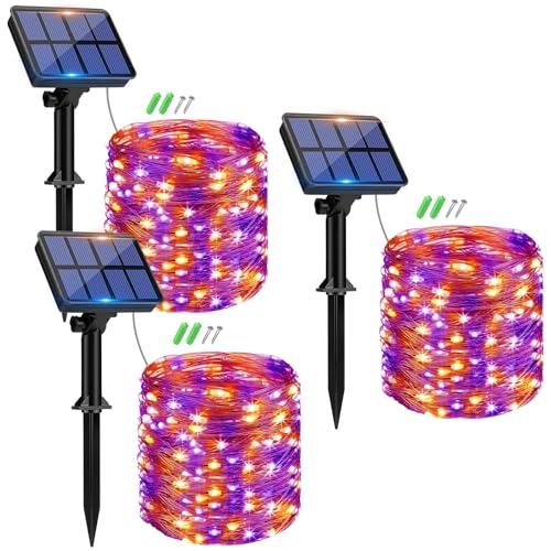 Peasur 3 Stücke Solar Lichterkette Aussen, 3x12M 120 LED Solarlichterkette Außen Wetterfest, 8 Modi IP65 Wasserdicht Kupferdraht Lichterkette Outdoor für Garten Party Halloween Deko, Orange-Violett von Peasur