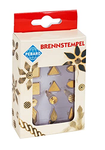 Pebaro 20300 Brennstempel für Brandmalerei, Pyrographie, Holzbrennen, 12-teilig, aus Messing - Verschiedene Motive wie Tropfen, Kreis etc., zum Brennen auf Holz, Leder, Kork und anderen Materialien von Pebaro