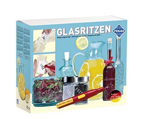 Pebaro 0357 Bastelset Glasritzen, batteriebetriebener Gravierstift, 3 Schleifstifte, 2 Gläser, inkl. Figurenvorlagen und Buchtabenvorlagen, Gravieren, Verzieren von Glas, Spiegel von Pebaro