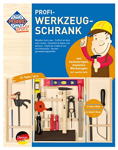 Pebaro 412 Profi-Werkzeugschrank, 23 Teile, komplettes Set im Holzschrank, hochwertige massive Werkzeuge, Bastelset inkl. Hammer, Säge, Zange, Handbohrmaschine, Werkzeugkasten für Kinder, Geschenkidee von Pebaro