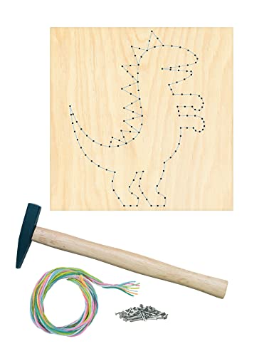 Pebaro NB3-SET Nagelbild Kreativ Set, Bastelset, Fadenbild, Fadenspannbild, String Art, mit vorgedrucktem Motiv Dinosaurier, inkl. Nägel, farbiges Garn und Hammer, Basteln mit Holz, Nagel und Fäden von Pebaro