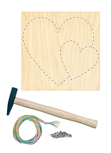 Pebaro NB6-SET Nagelbild Kreativ Set, Bastelset, Fadenbild, Fadenspannbild, String Art, mit vorgedrucktem Motiv Herz, inkl. Nägel, farbiges Garn und Hammer, Basteln mit Holz, Nagel und Fäden von Pebaro