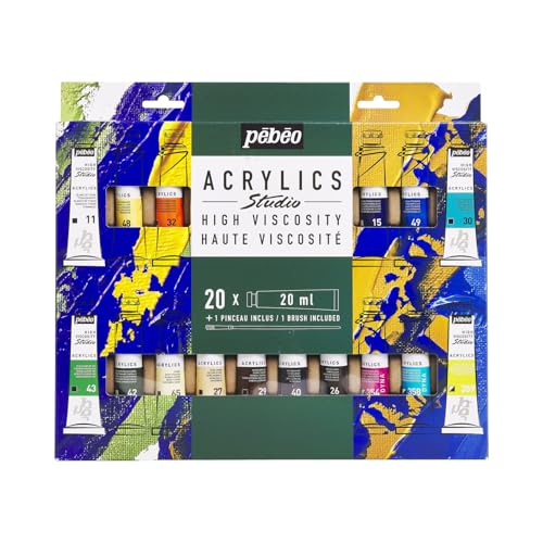 PEBEO 833426 Pébéo Studio Acrylics-Acrylfarben-Set, Ergänzende Farben, 20 x 20 ml + Pinsel von Pebeo