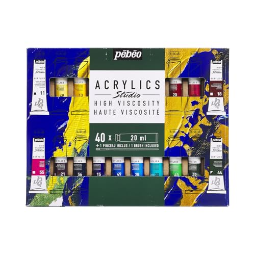 PEBEO 833446 Pébéo Studio Acrylics-Acrylfarben-Set, Ergänzende Farben, 40 x 20 ml + Pinsel von Pebeo