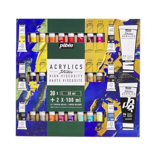 PEBEO 833448 Pébéo Studio Acrylics-Acrylfarben-Set, Ergänzende Farben, 30 x 20 ml + 2 x 100 ml + Pinsel von Pebeo