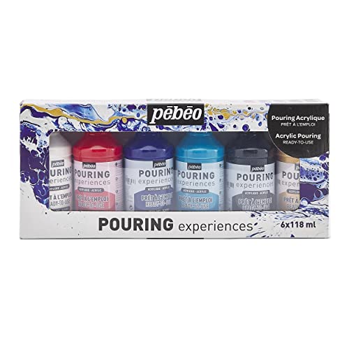 Pébéo 524601 Acryl Pouring Entdecken-Set mit 6 x 118 ml Bereits Gemischten Acrylfarben, Sofort-Kit ohne Anmischen-Weiss + Rot + Blau + Türkis + Schwarz + Gold, 118 ml (6er Pack), 708 milliliter von Pebeo