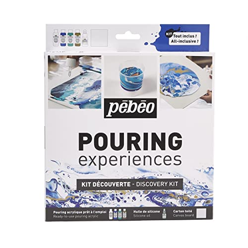 Pébéo 524602 Acryl Pouring Starter 4 x 59 ml Flaschen Bereits Gemischte Acrylfarben, Sofort-Kit ohne Anmischen + 50 ml Silikonöl + 1 Leinwand, 6-teiliges Set, 50 milliliter von Pebeo