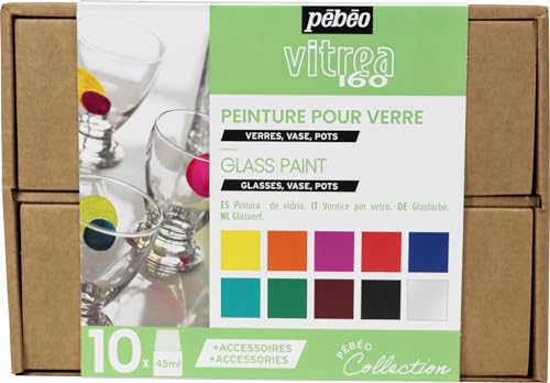 Pébéo Vitrea 160 Collection Box - Glasmalerei Set Nr. 1-10 x 45 ml Flaschen Verschiedene Glasmalfarben + 1 x 20 ml Tube Relief Paste Gold + Zubehör + Kreativer Ratgeber von Pebeo