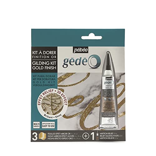 PEBEO 766596 Vergoldungs-Relief-Gemisch-Set, 20 ml + 3 Goldfarbene Spiegeleffekt-Blätter, Holz Metall, gold, 3 foils, 3 stück von Pebeo